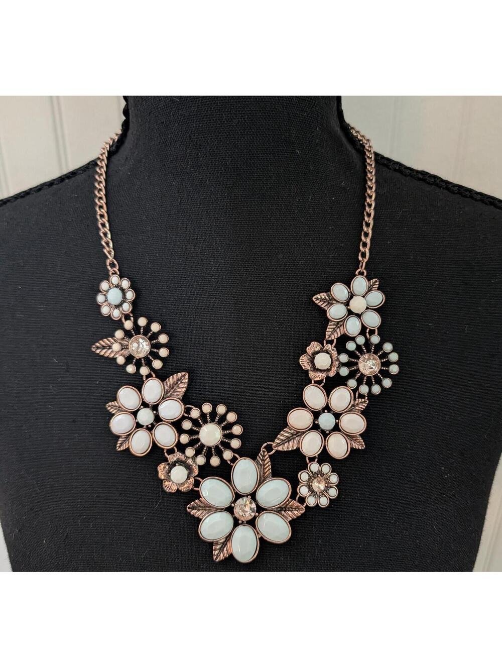 2000's Charming Charlie Floral Statement Necklace with White and Clear Stones